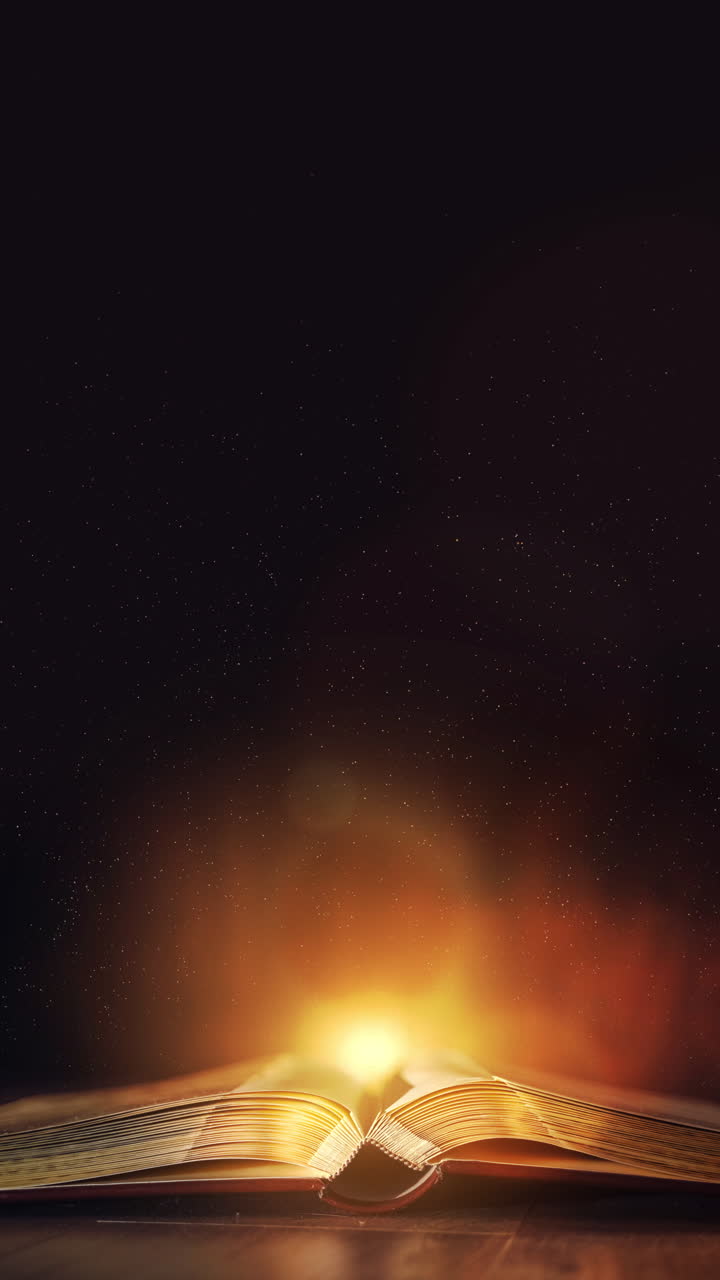 Mystery open book with shining pages. Fantasy book with magic light sparkles and stars. Looped. Vertical video.