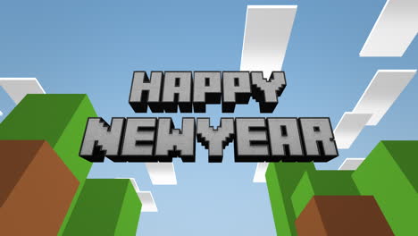 retro happy new year text on game pattern