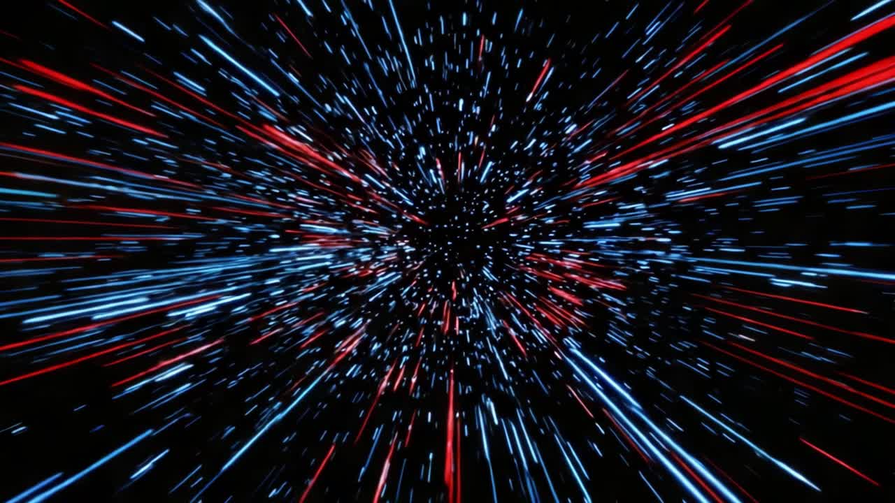 En dynamisk abstrakt repræsentation af hastighed og bevægelse med levende røde og blå linjer, der understreger dybden i et mørkt miljø, hvilket skaber en sci-fi visuel oplevelse.