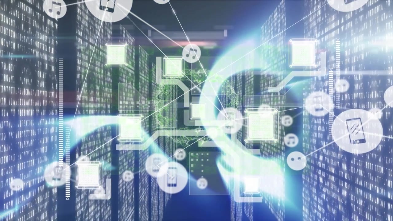 Animation of network of connections with icons and data processing over server room