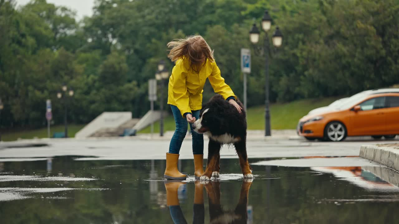 una adolescente feliz con una chaqueta amarilla y botas naranjas acaricia a su gran perro negro mientras camina en el parque después de la lluvia