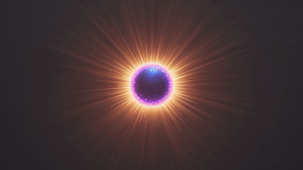 Pulsing orb charging purple core, orange halo growing, spikes firing, specks drifting in dark void