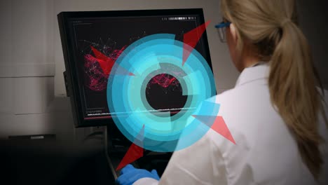 animation of circles spinning over female scientist using computer