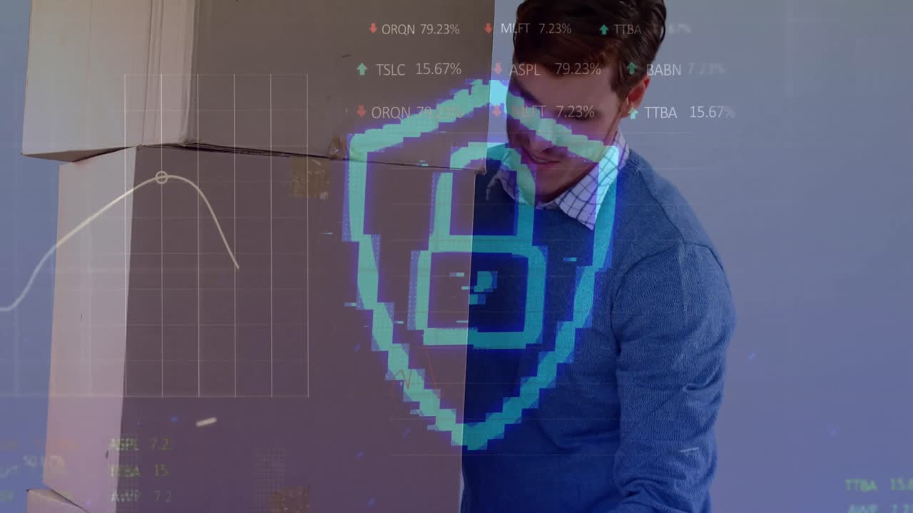 animación de procesamiento de datos sobre hombre caucásico que lleva cajas