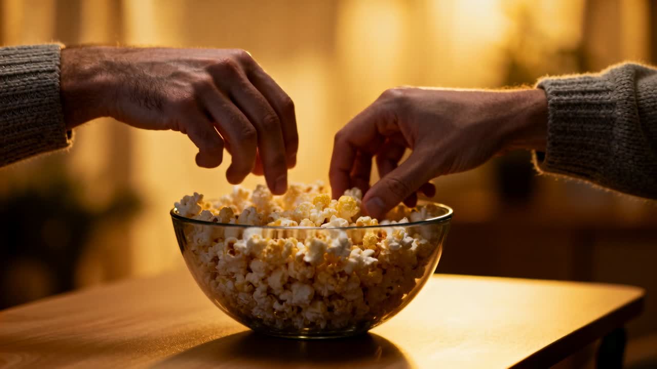 Entering frame, two hands with knit cuffs reaching into glass popcorn bowl at home, sharing snack