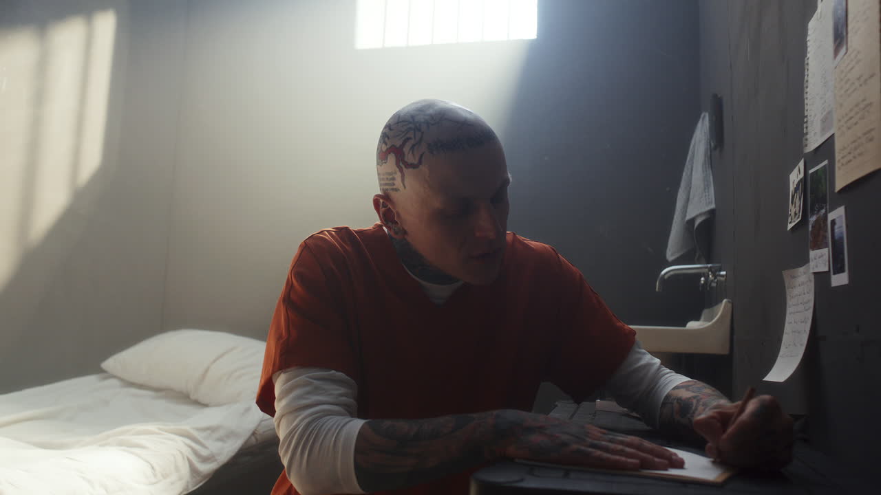 Thoughtful Tattooed Prisoner Writing Letter during His Day in Jail