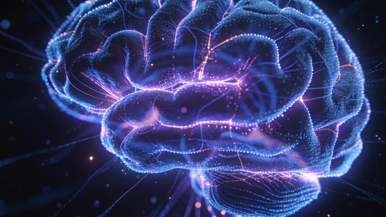 Brightening central path initiating digital brain pulsing and sending signals in void with nodes