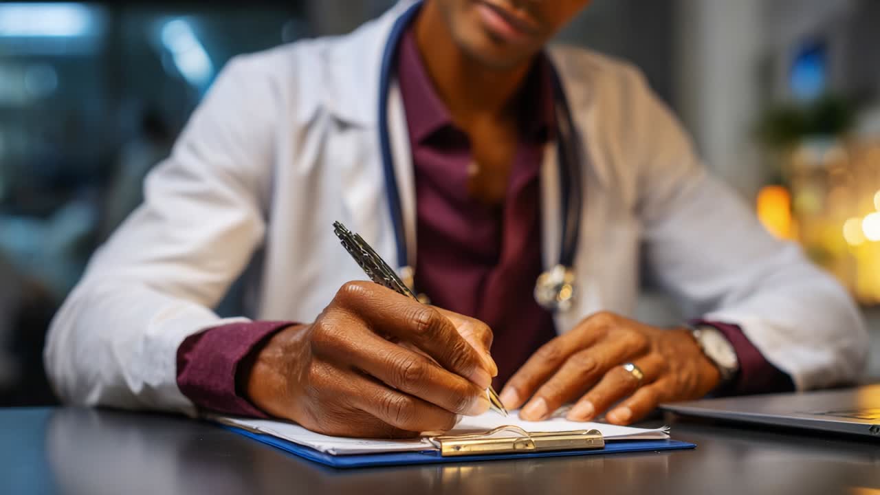 A focused medical professional diligently writing notes with a pen, showcasing attention to detail and dedication to patient care in a well-lit clinical environment, highlighting the essence of healthcare documentation