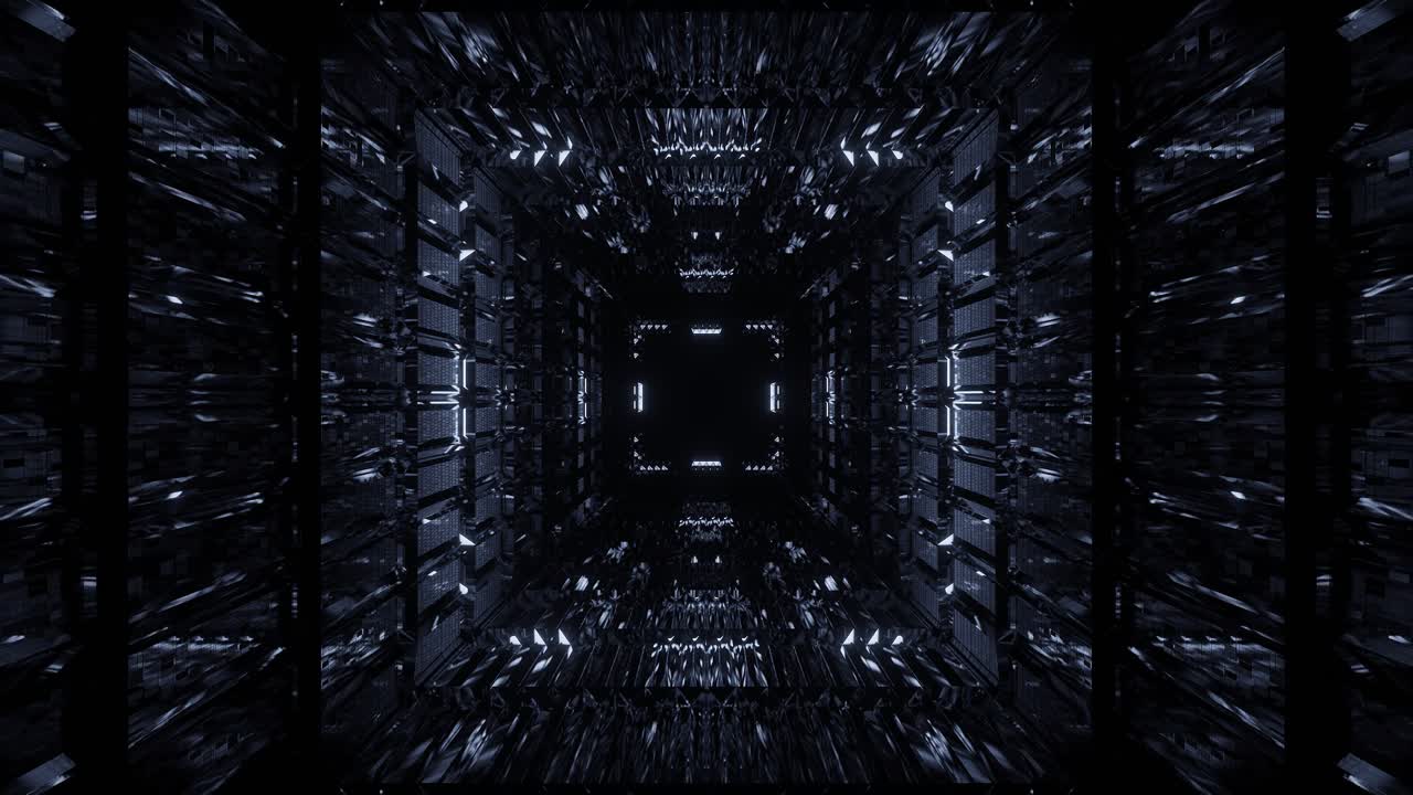 Flying into textured space tunnel with silver blinking light, sci-fi spaceship interior, futuristic technology corridor abstract seamless VJ for tech titles and background