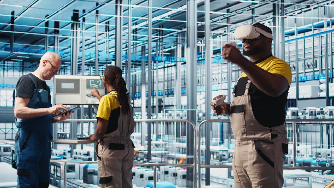 ingeniero que utiliza la tecnología de realidad virtual en la planta de paneles solares de la industria 4.0