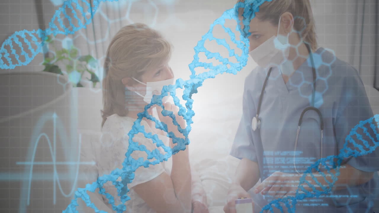 Nurse kneeling beside patient using tablet, showing DNA helix molecular graphics in medical scene