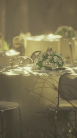 outdoor event setup with tables and floral arrangements in sunlight