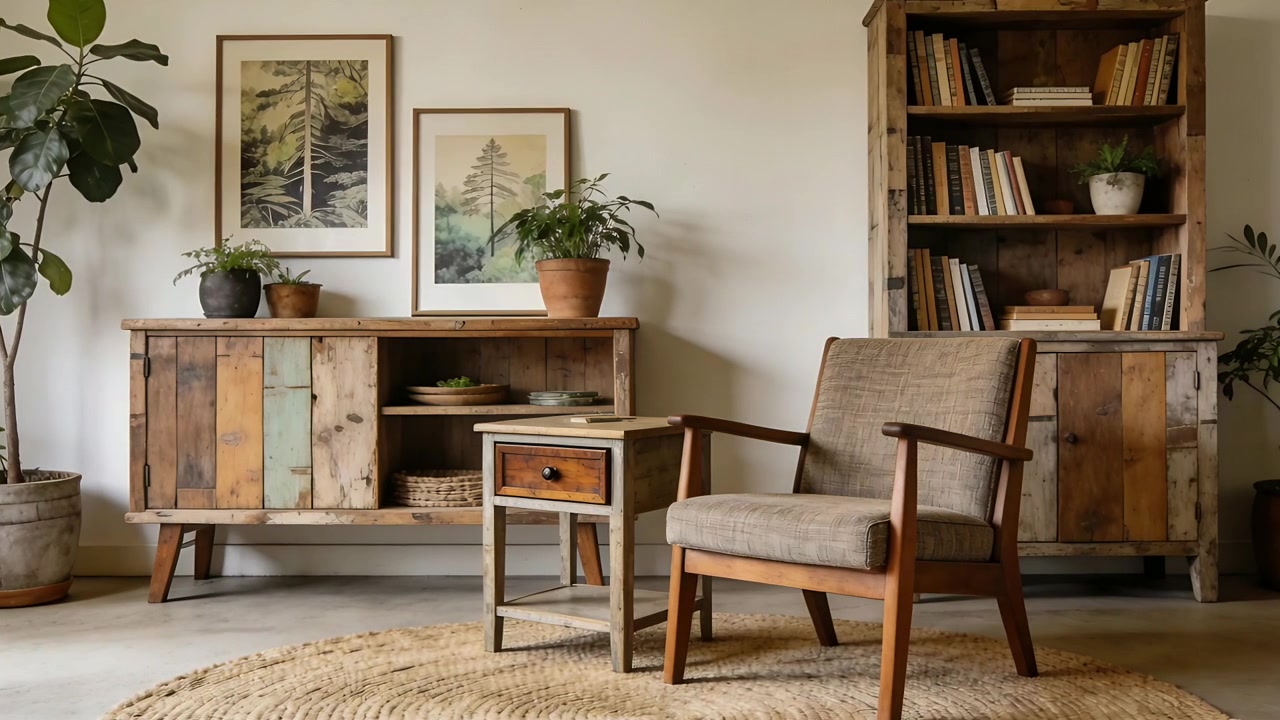 Kamera schwenkt nach rechts und enthüllt einen Mid-Century-Sessel mit Beistelltisch im Wohnzimmer, daneben ein Bücherregal.