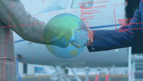 spinning globe and data processing on mid section of two businessmen shaking hands at airport runway