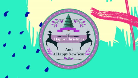 animación de felicitaciones de navidad en la etiqueta sobre un fondo animado colorido
