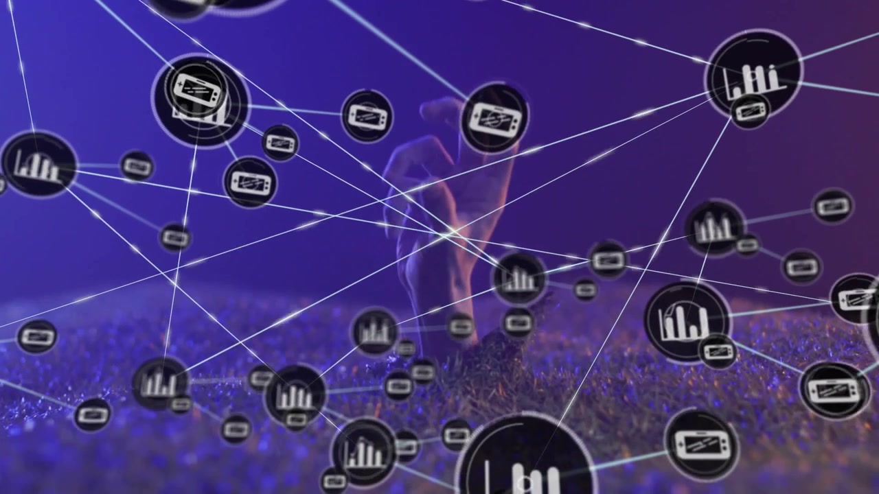 Single node appearing network growing over mound, man raising arm through tech nodes showing links