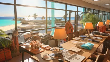 bright office workspace with ocean view and tropical surroundings at sunset