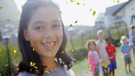 smiling girl with family in background, golden confetti falling animation
