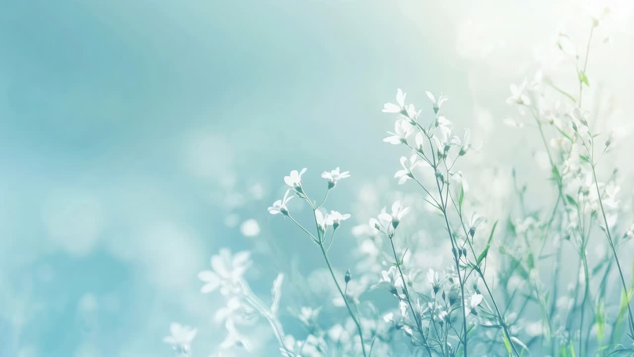 繊細な白い花にソフトフォーカスを当てた、穏やかな動画のコンセプト