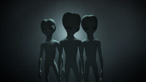 3d cgi vfx mid-shot of three classic roswell style grey aliens on a dark backlit background, standing and looking menacingly into the camera, with a smokey, atmospheric environment