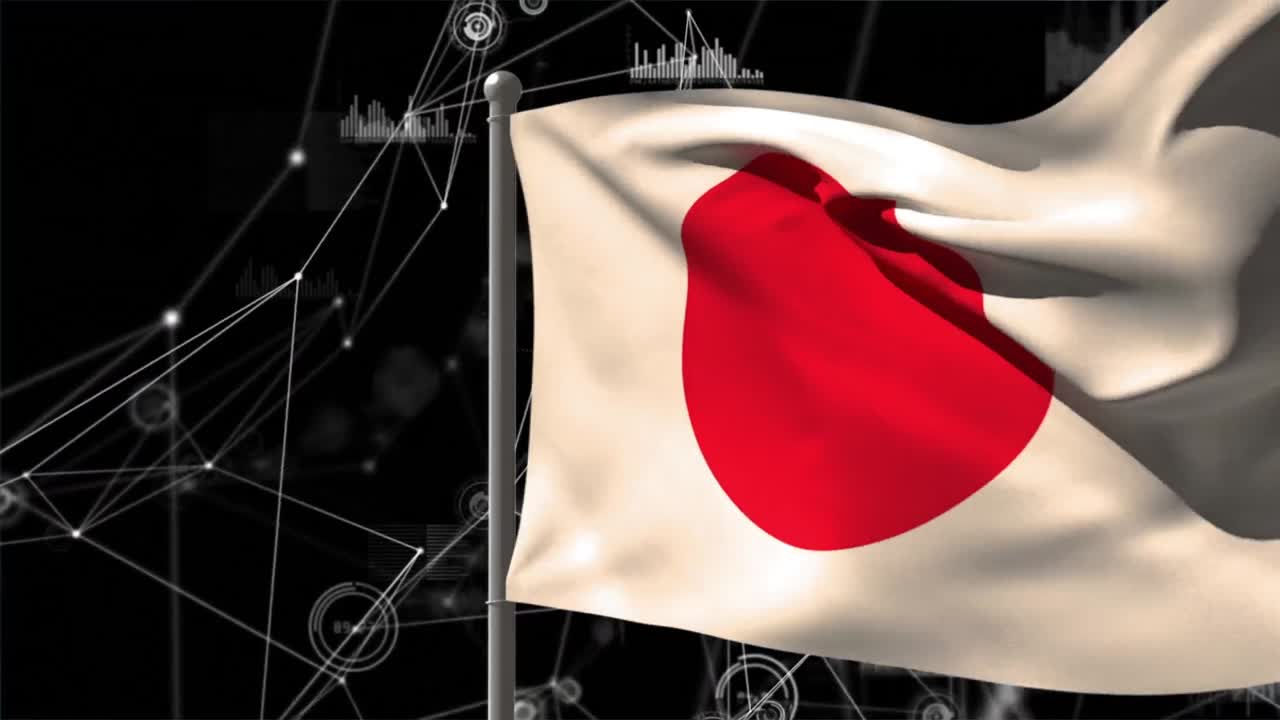 animación de la bandera de japón y la red de conexiones sobre fondo negro