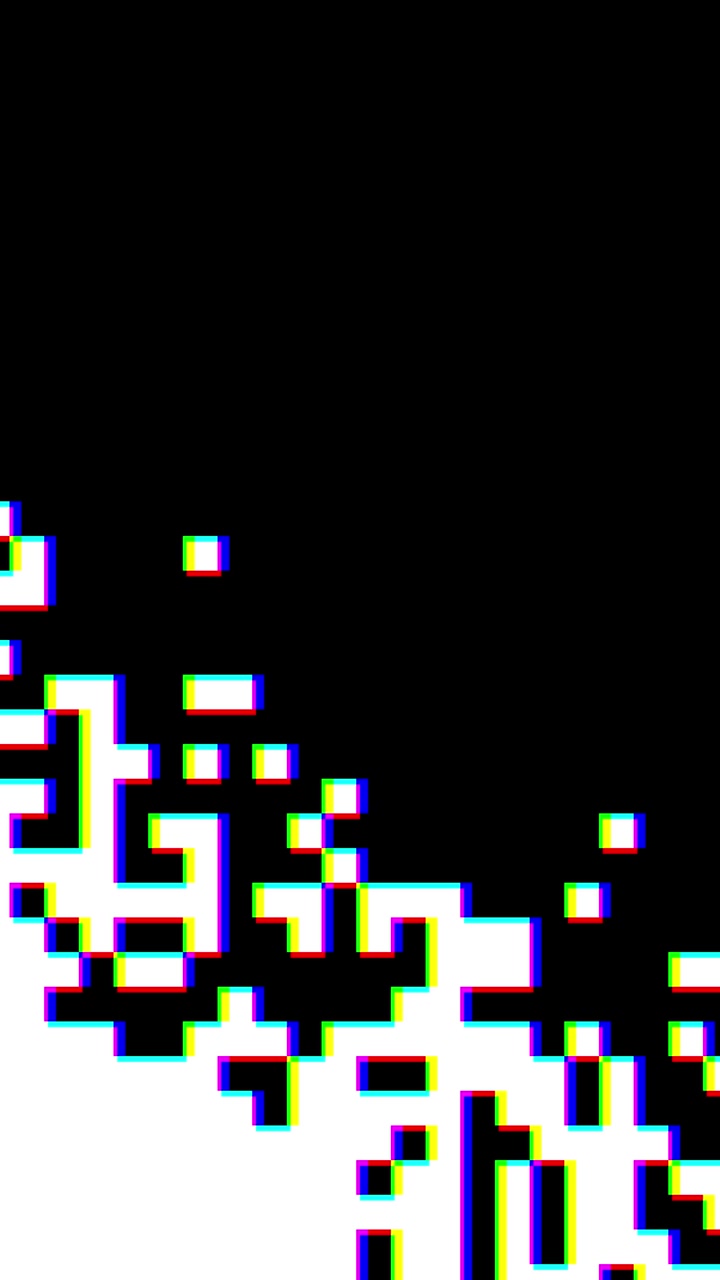 Effetto di transizione glitch digitale con blocchi pixelati in bianco e nero