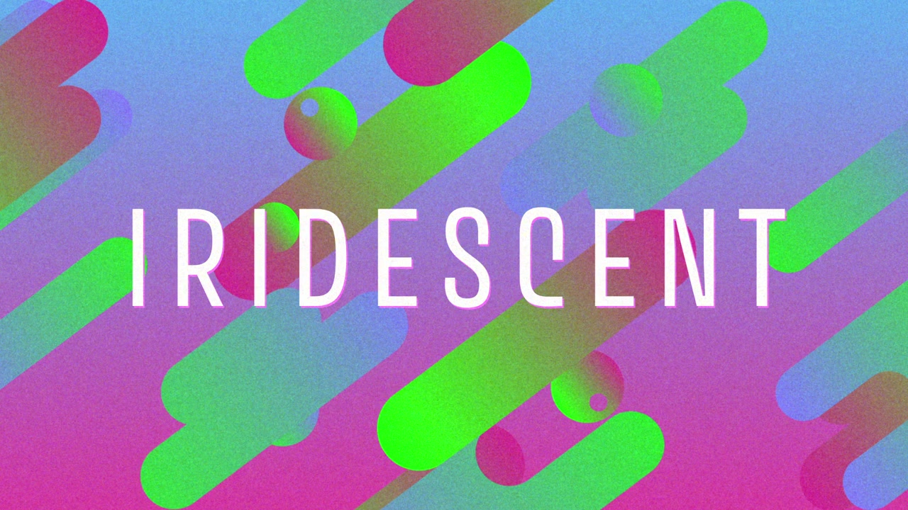 Color wash starting title text IRIDESCENT sliding across digital backdrop with capsules and spheres