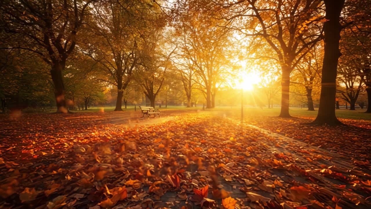 A Serene Autumn Scene at Sunset: Golden Leaves Swirl in the Gentle Breeze, Illuminated by Warm Sunlight Filtering Through the Trees