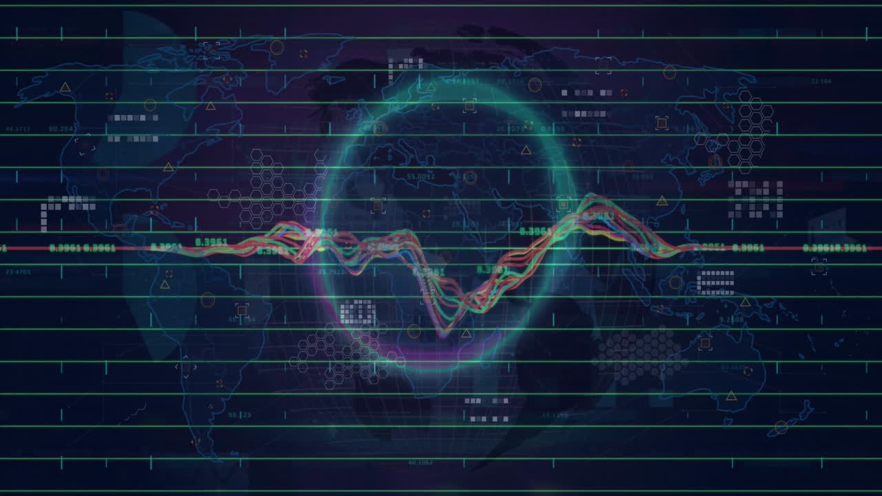 Animation of financial data processing over globe