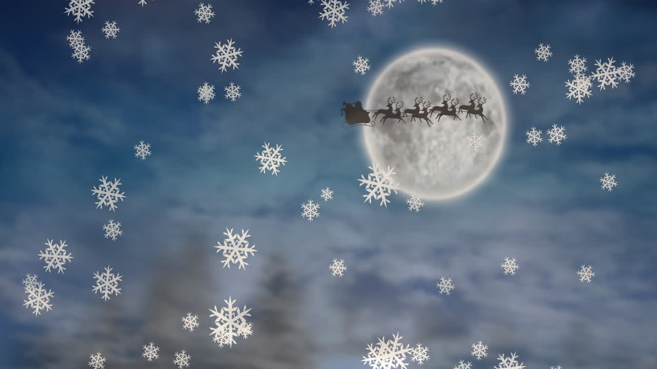 Animation of snow falling over santa claus in sleigh with reindeer on sky over moon