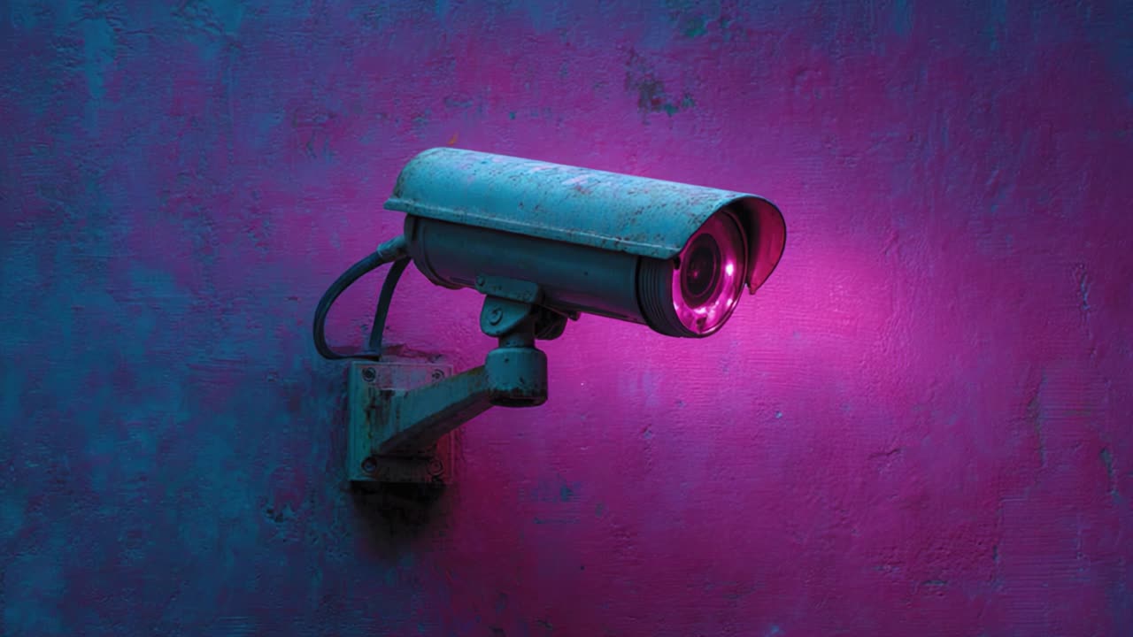Surveillance Camera Captured in Two Frames, One with Soft Purple Light and the Last Transitioning to Striking Red Glow Against a Textured Wall Background