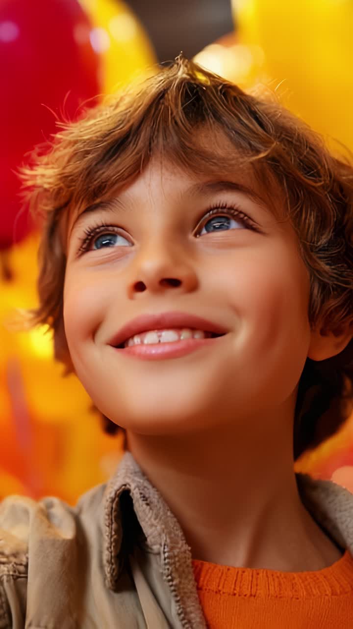 Niño alegre con una sonrisa angelical rodeado de globos vibrantes en colores radiantes, capturando momentos de felicidad e inocencia en un ambiente lúdico