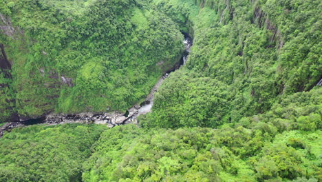 aerial view over the takamaka waterfalls on the marsouins river, reunion island