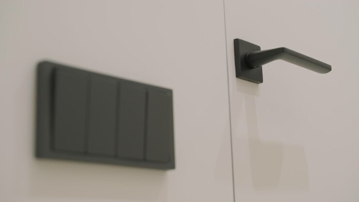 Close up of stylish new metal door knob on modern interior door. Shiny silver door handle on light gray door. Concept of interior details.