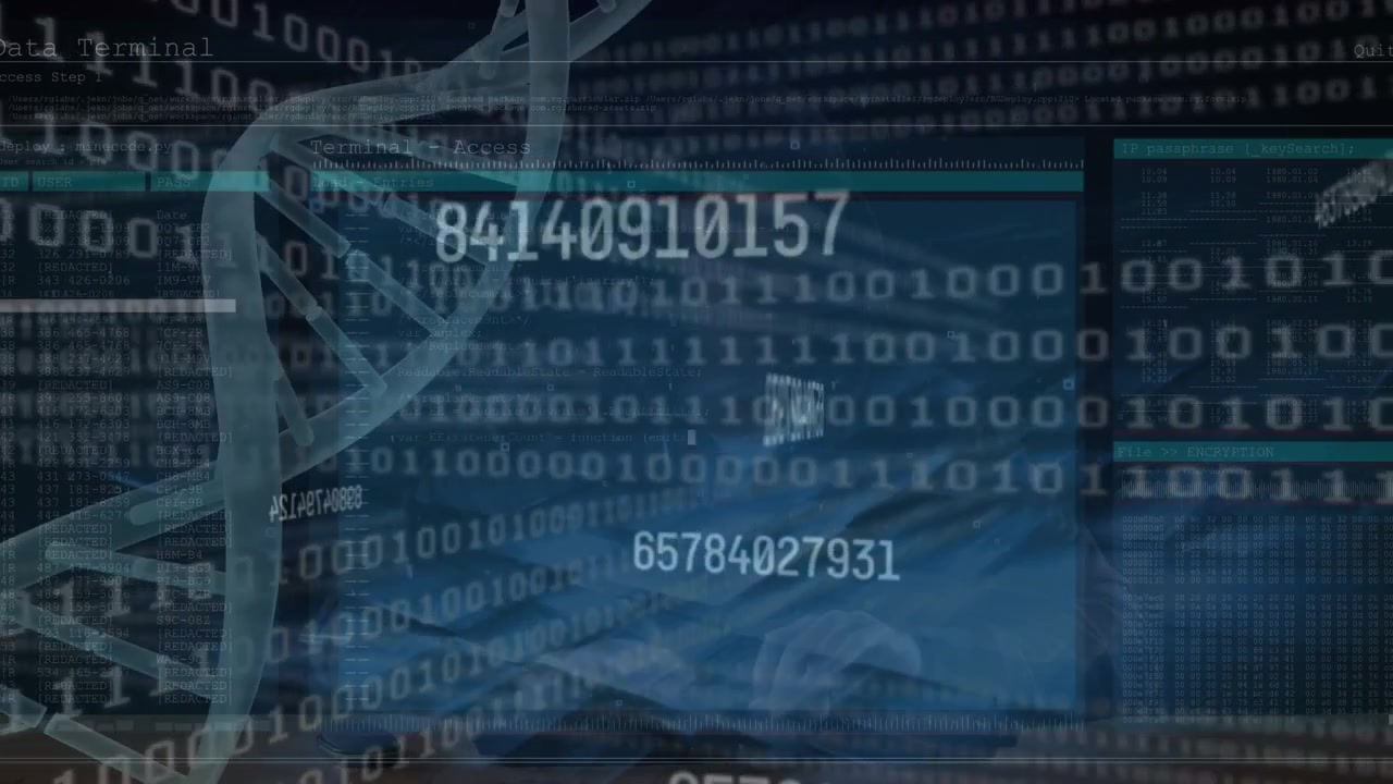 Animation of data processing and dna strand over caucasian hacker