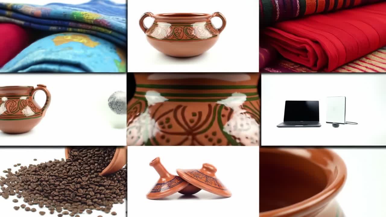 A Diverse Collection of Cultural Artifacts: Showcasing Handcrafted Pottery, Textiles, Coffee Beans, and Modern Technology in a Stunning Visual Montage
