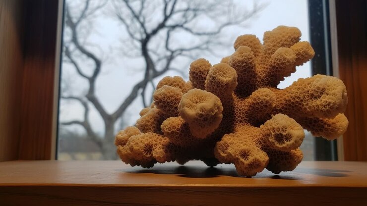 Un primo piano di un'intricata struttura corallina su uno sfondo tranquillo, che mette in risalto la bellezza e la complessità della natura in un ambiente interno sereno.