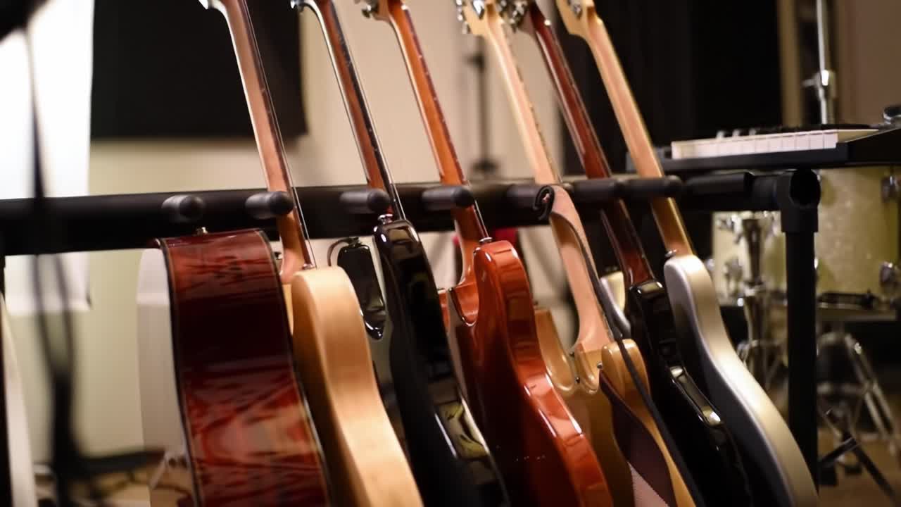 A collection of guitars is displayed in a well-lit music studio. The instruments are arranged on a rack, showcasing their variety and craftsmanship as a recording session takes place.