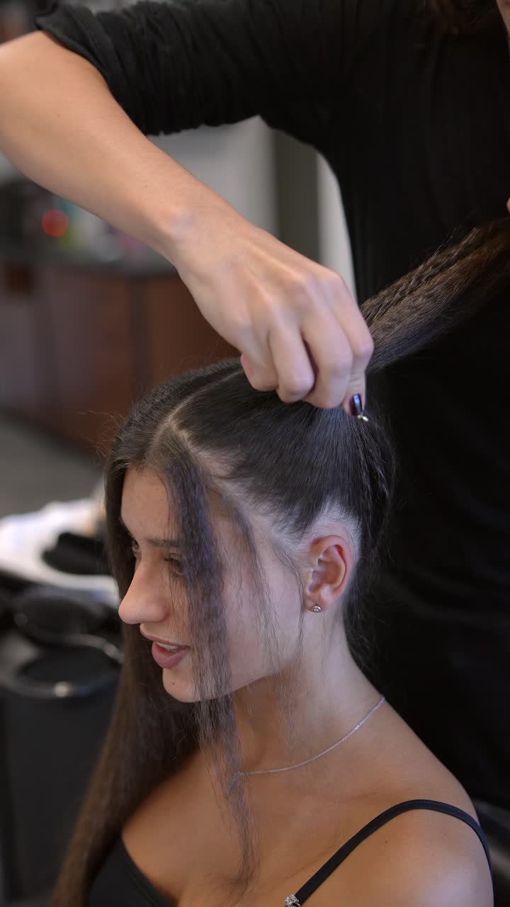 Professional Hairdresser Styling Young Woman's Hair
