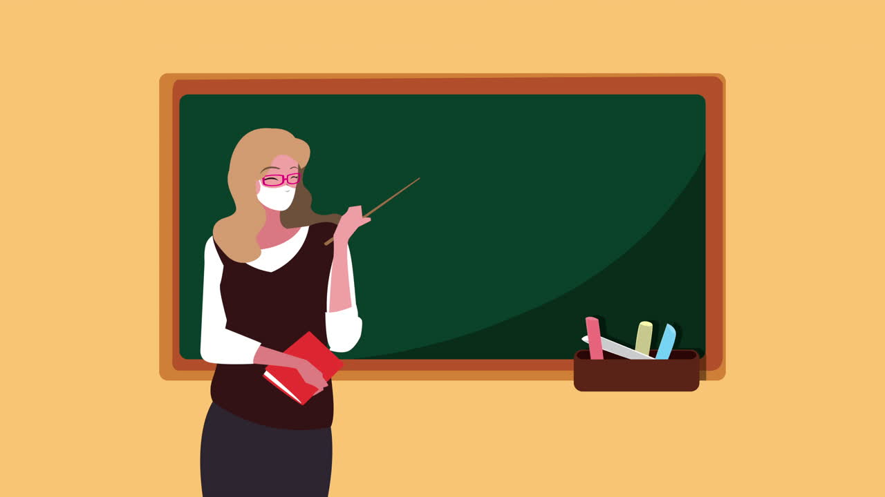 female teacher wearing medical mask for covid19 with chalkboard