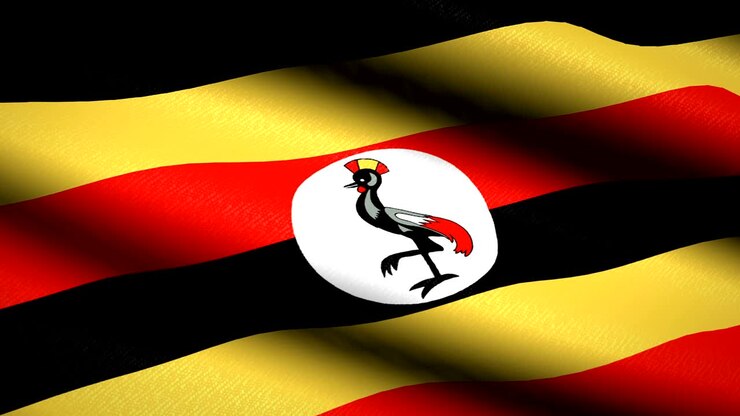 Bandiera dell'Uganda che sventola su sfondo tessile testurizzato. Animazione in loop continuo. Schermo intero. Movimento lento. Video 4K