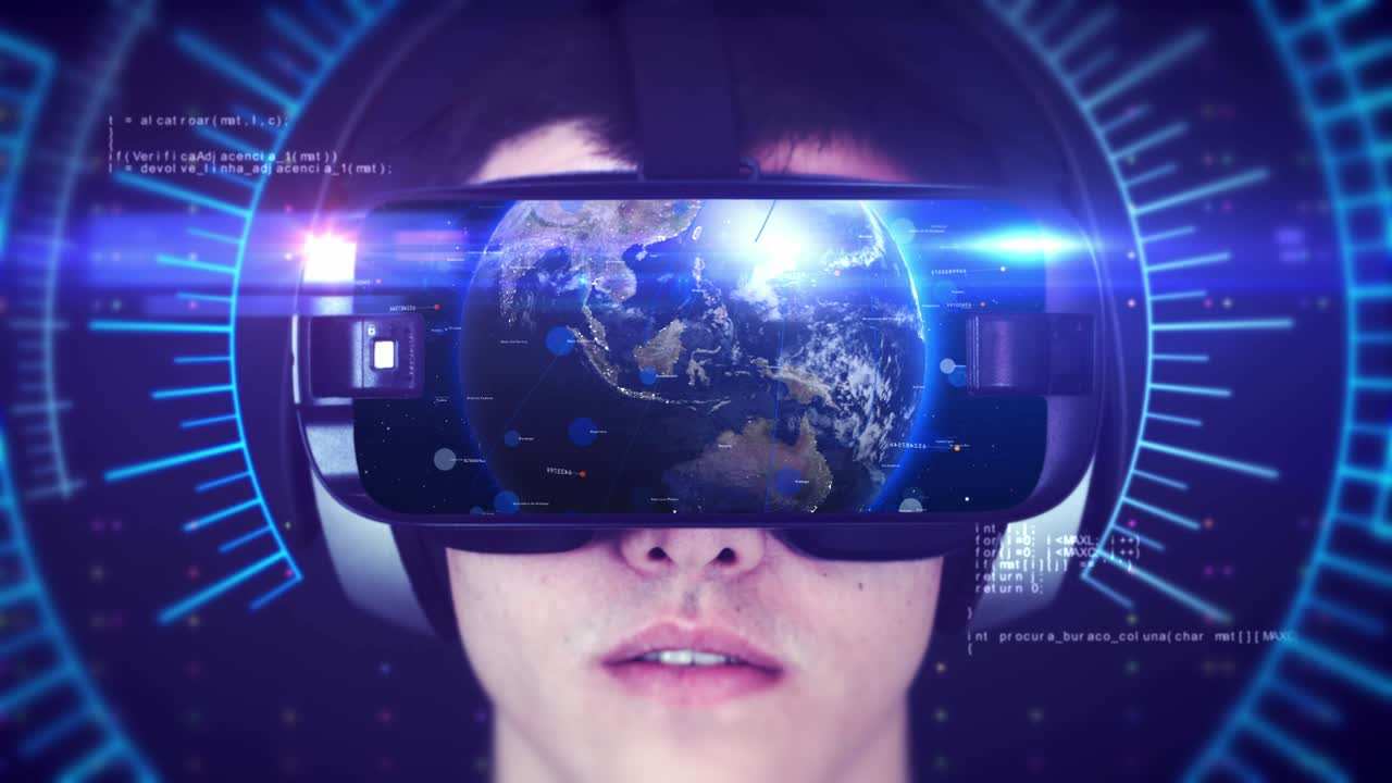 giovane uomo che indossa le cuffie vr e sperimenta la realtà virtuale 3d.