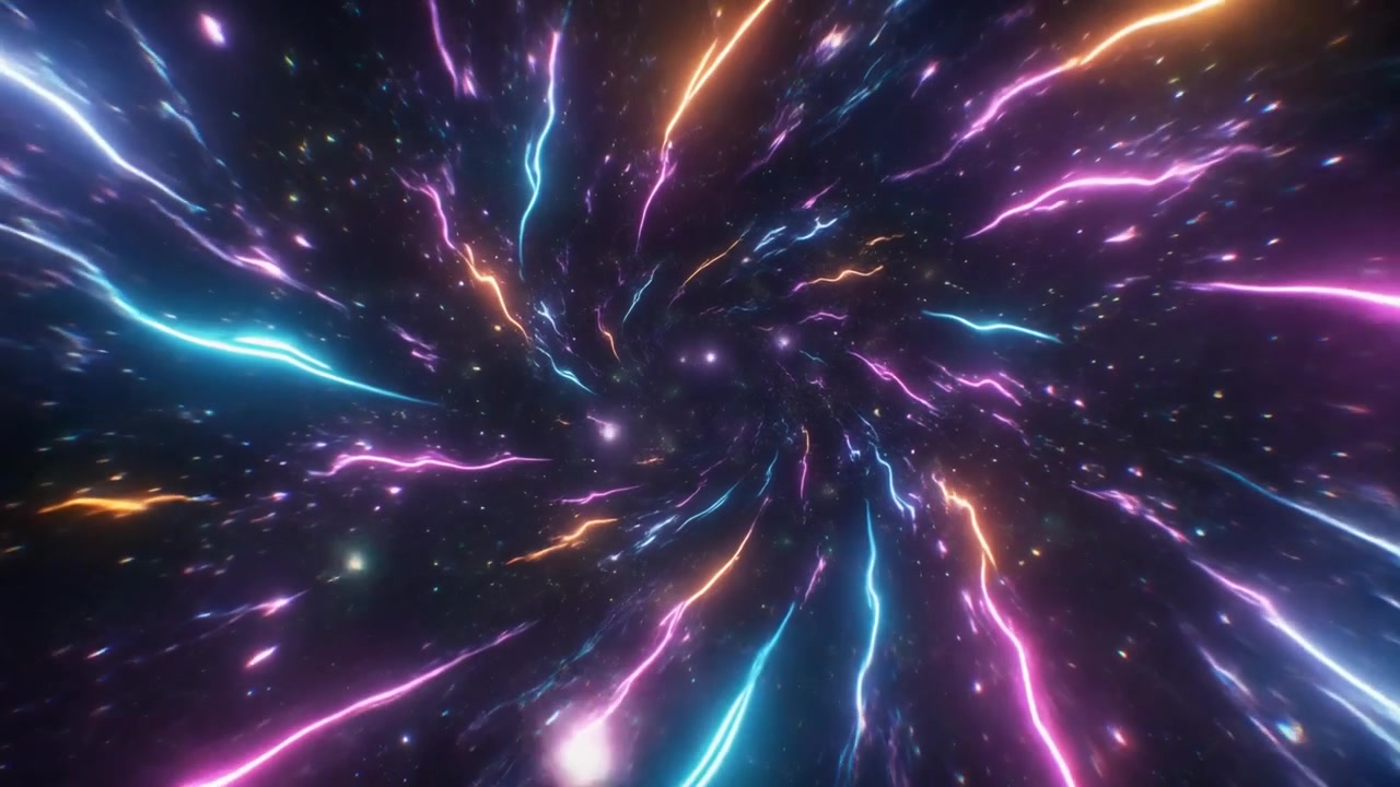Abstract Tunnel of Glowing Neon Light Streaks in Space