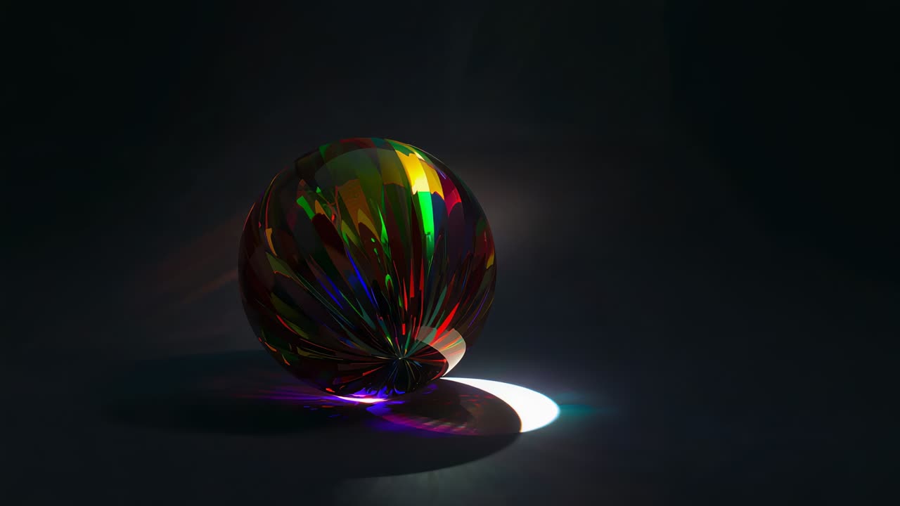 Lumière éclatante hors cadre frappant une sphère à facettes dans un studio sombre, révélant des caustiques en croissant éclatantes