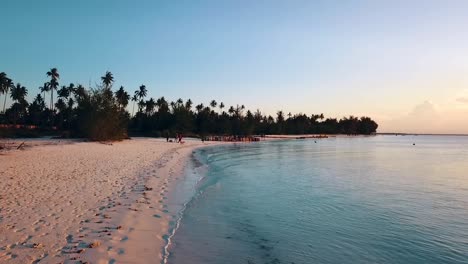 Fantastic-from-up-to-down-drone-shot-at-golden-hour-sunset-with-long-shadows-from-people-and-a-dog-at-beach-On-Zanzibar-at-Africa-in-winter-2019