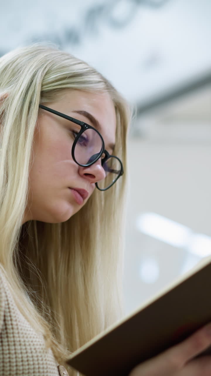 vista lateral de una mujer con un hermoso suéter tejido y gafas que se concentra en un libro, pasando a la página siguiente, tejado y flor decorativa visibles detrás