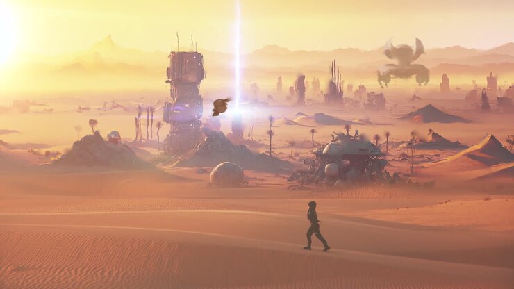 uma figura solitária explorando uma cidade do deserto pós-apocalíptica ao pôr do sol