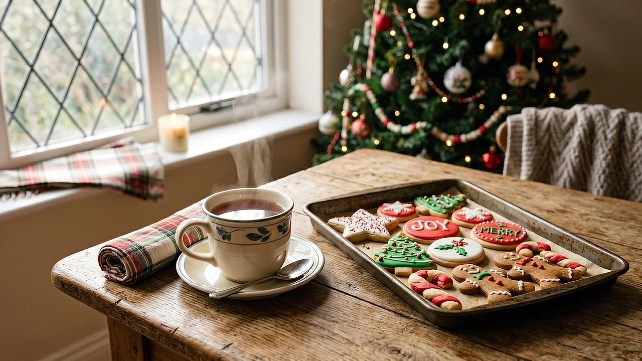 テーブルの上のジンジャーブレッドマンと紅茶を添えた祝祭的なクリスマスホリデートリート盛り合わせ