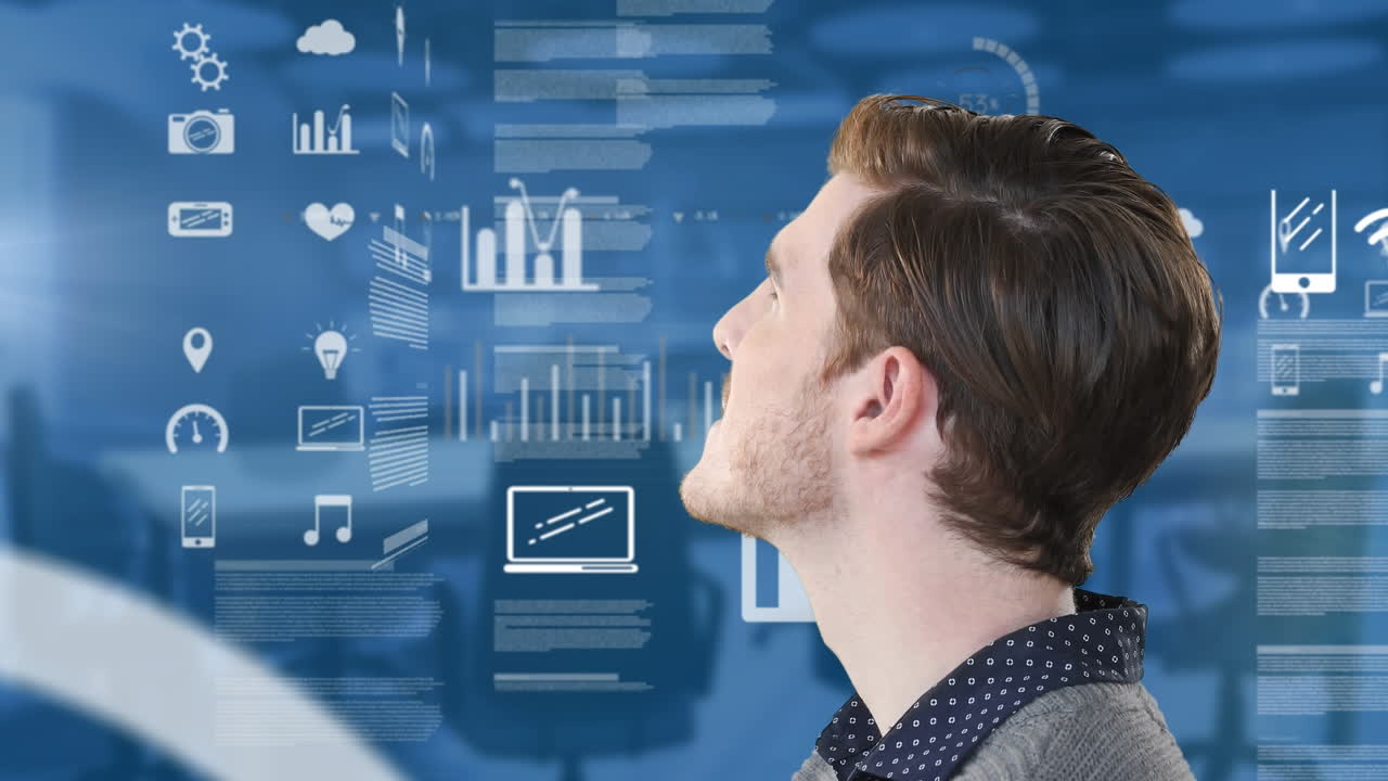 Animation of businessman and data processing over empty office