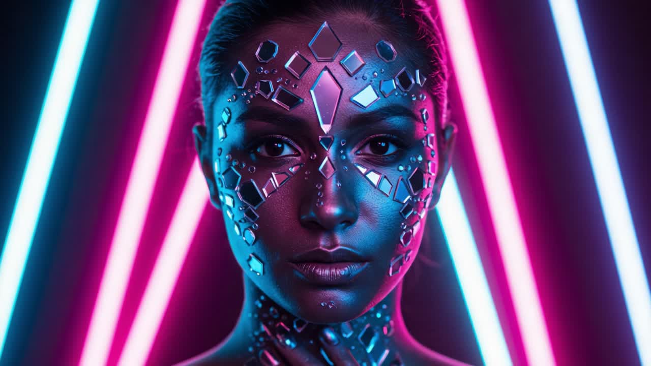A captivating fusion of light and art, featuring a striking face adorned with mirrored fragments, casting an ethereal glow in a mesmerizing neon environment